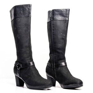 Clarks Women Campus Black Leather Harness Heel Zip Tall Boots sz 9